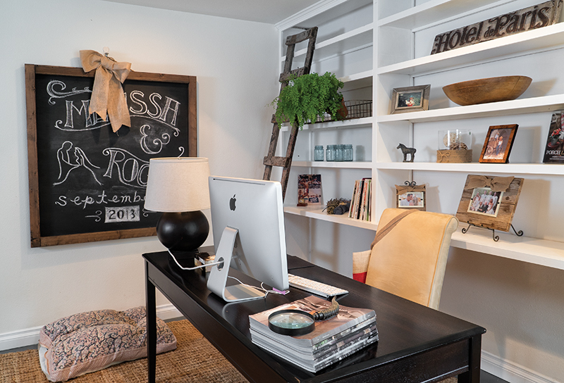 Melissa's office is filled with flea market finds, re-purposed objects, and treasures from her travels; the old ladder is from France